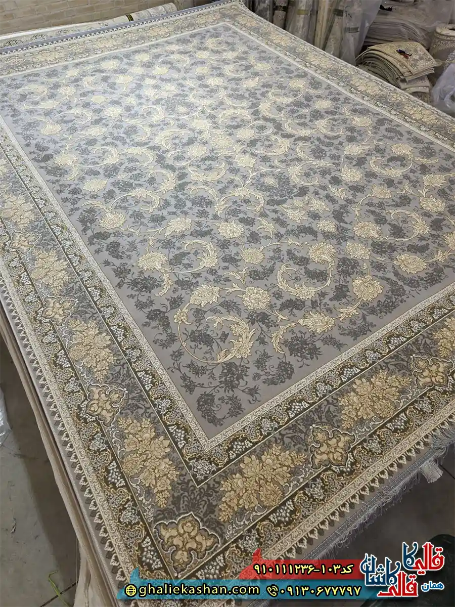 فرش طلاکوب 1200 شانه طرح افشان صدف رنگ طوسی فیلی گل برجسته کاشان اصلی