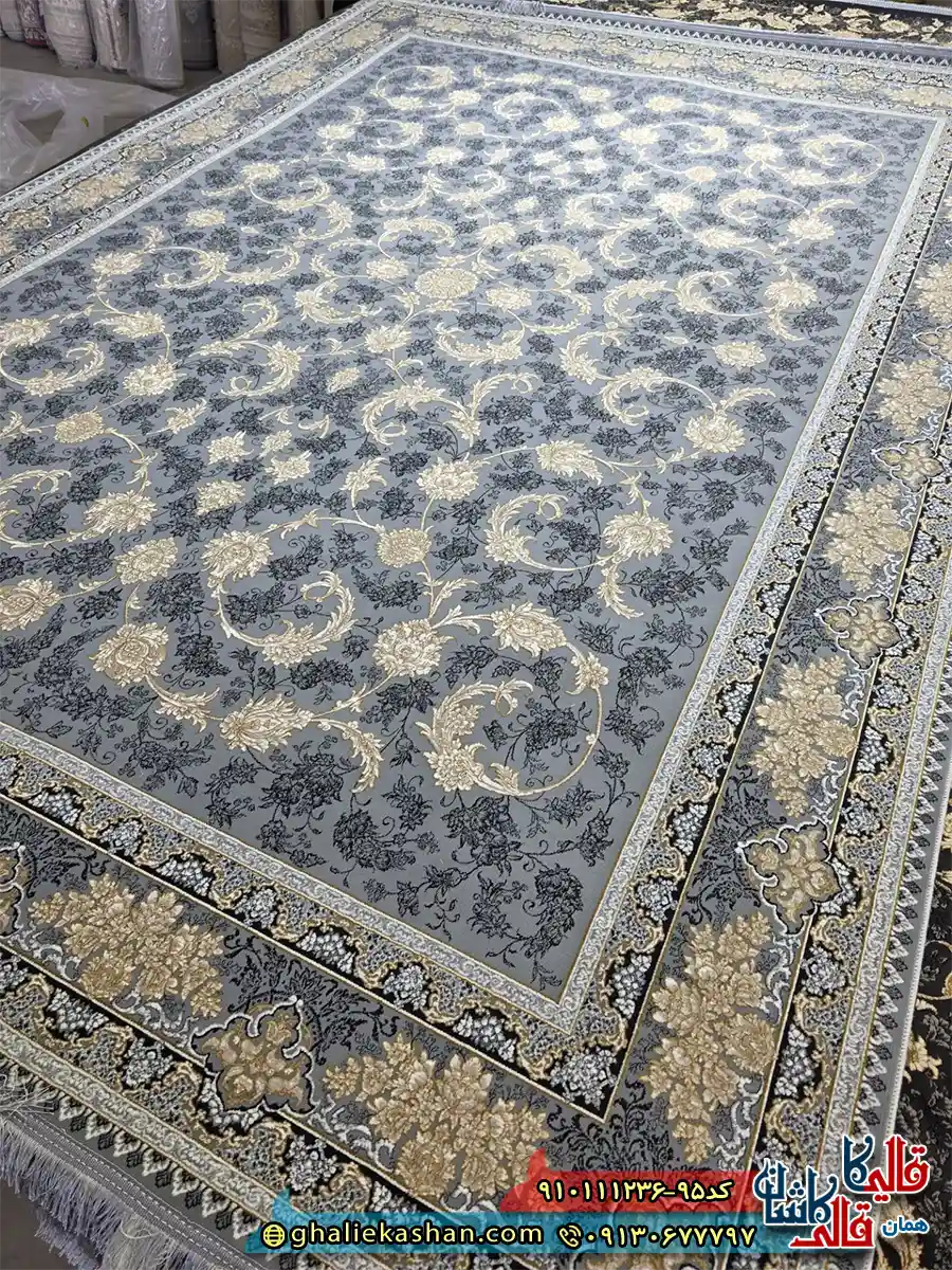 فرش طلاکوب 1200 شانه طرح افشان صدف رنگ طوسی نقره ای گل برجسته کاشان اصلی فرش طلاکوب 1200 شانه طرح افشان صدف رنگ طوسی نقره ای گل برجسته کاشان اصلی
