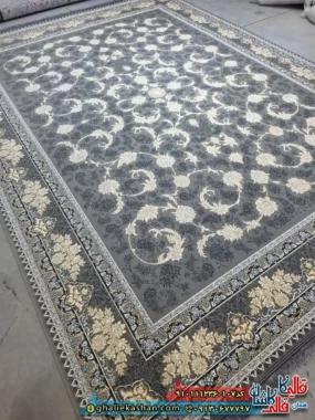 فرش طلاکوب 1200 شانه طرح افشان صدف رنگ طوسی گل برجسته کاشان