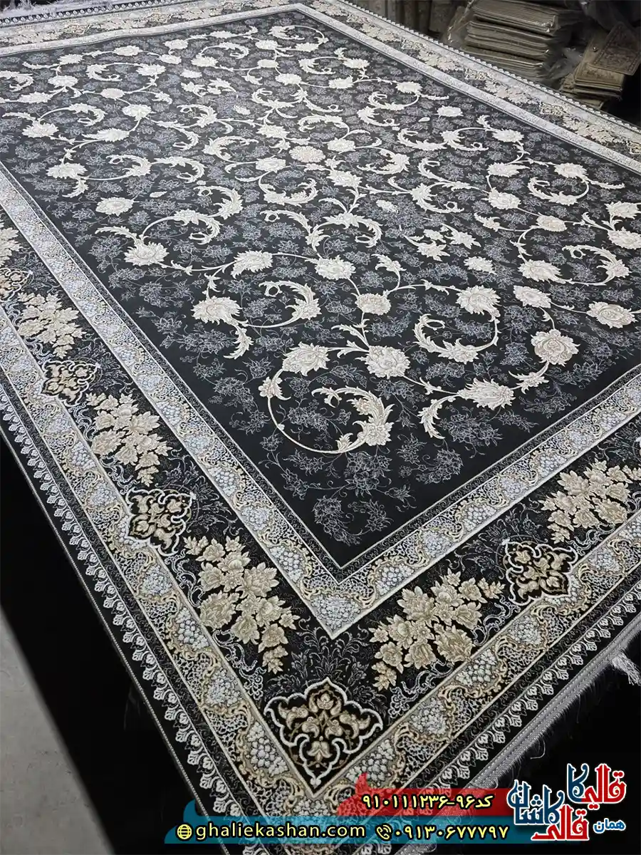 فرش طلاکوب 1200 شانه طرح افشان صدف رنگ مشکی زغالی گل برجسته کاشان اصلی فرش طلاکوب 1200 شانه طرح افشان صدف رنگ مشکی زغالی گل برجسته کاشان اصلی
