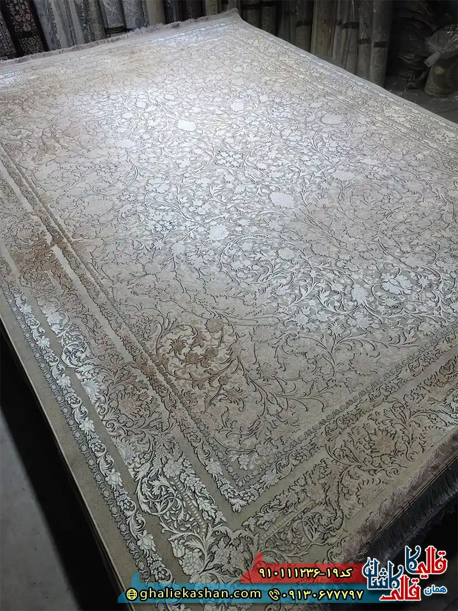 فرش طلاکوب 1200 شانه طرح افشان پریماه رنگ کرم صدفی گل برجسته کاشان اصلی فرش طلاکوب 1200 شانه طرح افشان پریماه رنگ کرم صدفی گل برجسته کاشان اصلی