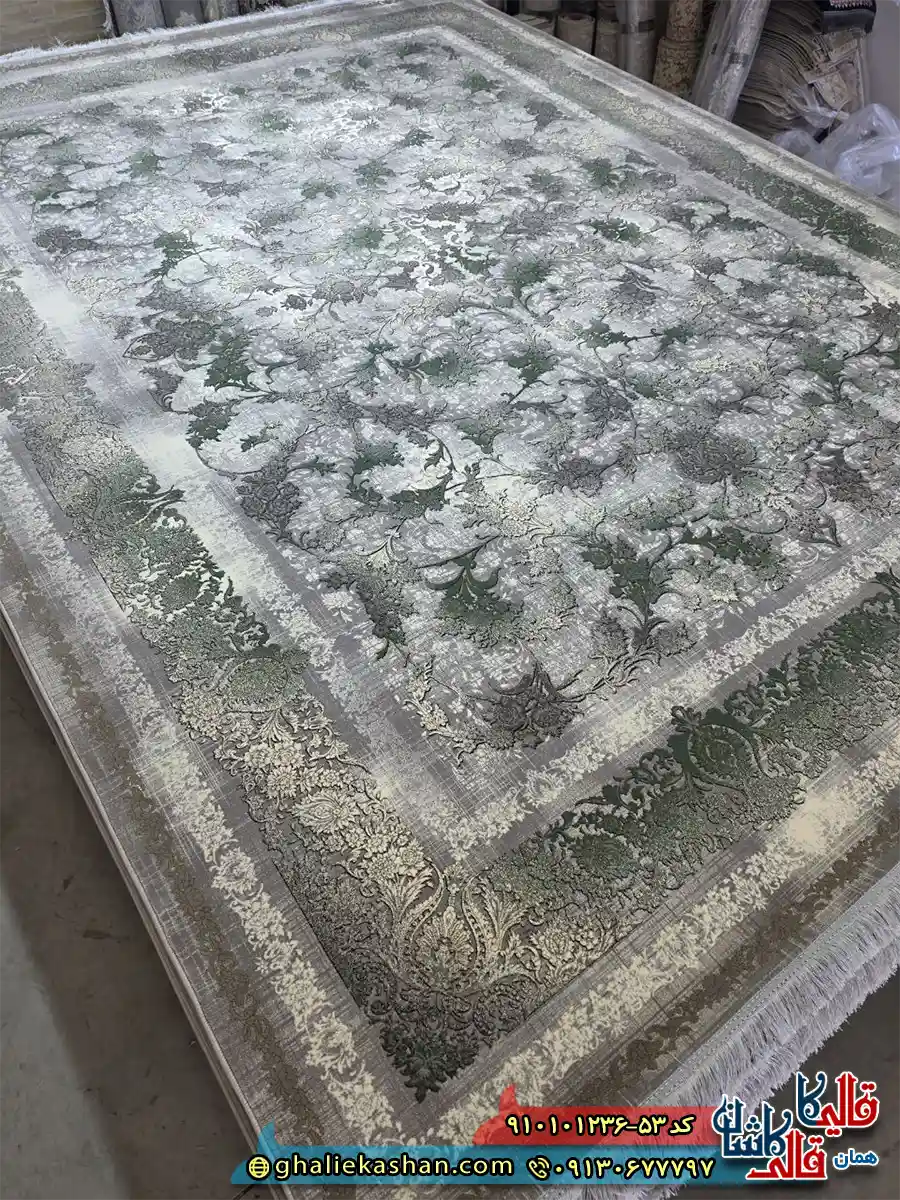 فرش طلاکوب 1200 شانه طرح افشان گارنت رنگ طوسی فیلی گل سبز کاشان اصلی فرش طلاکوب 1200 شانه طرح افشان گارنت رنگ طوسی فیلی گل سبز کاشان اصلی