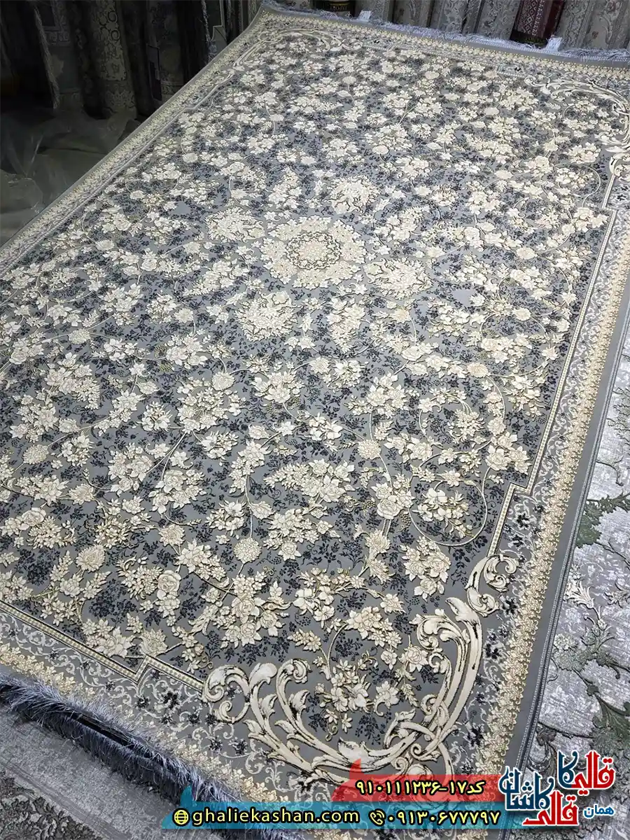 فرش طلاکوب 1200 شانه طرح افشان گندم رنگ طوسی نقره ای گل برجسته کاشان اصلی فرش طلاکوب 1200 شانه طرح افشان گندم رنگ طوسی نقره ای گل برجسته کاشان اصلی