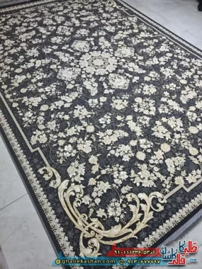 فرش طلاکوب 1200 شانه طرح افشان گندم رنگ مشکی زغالی گل برجسته کاشان