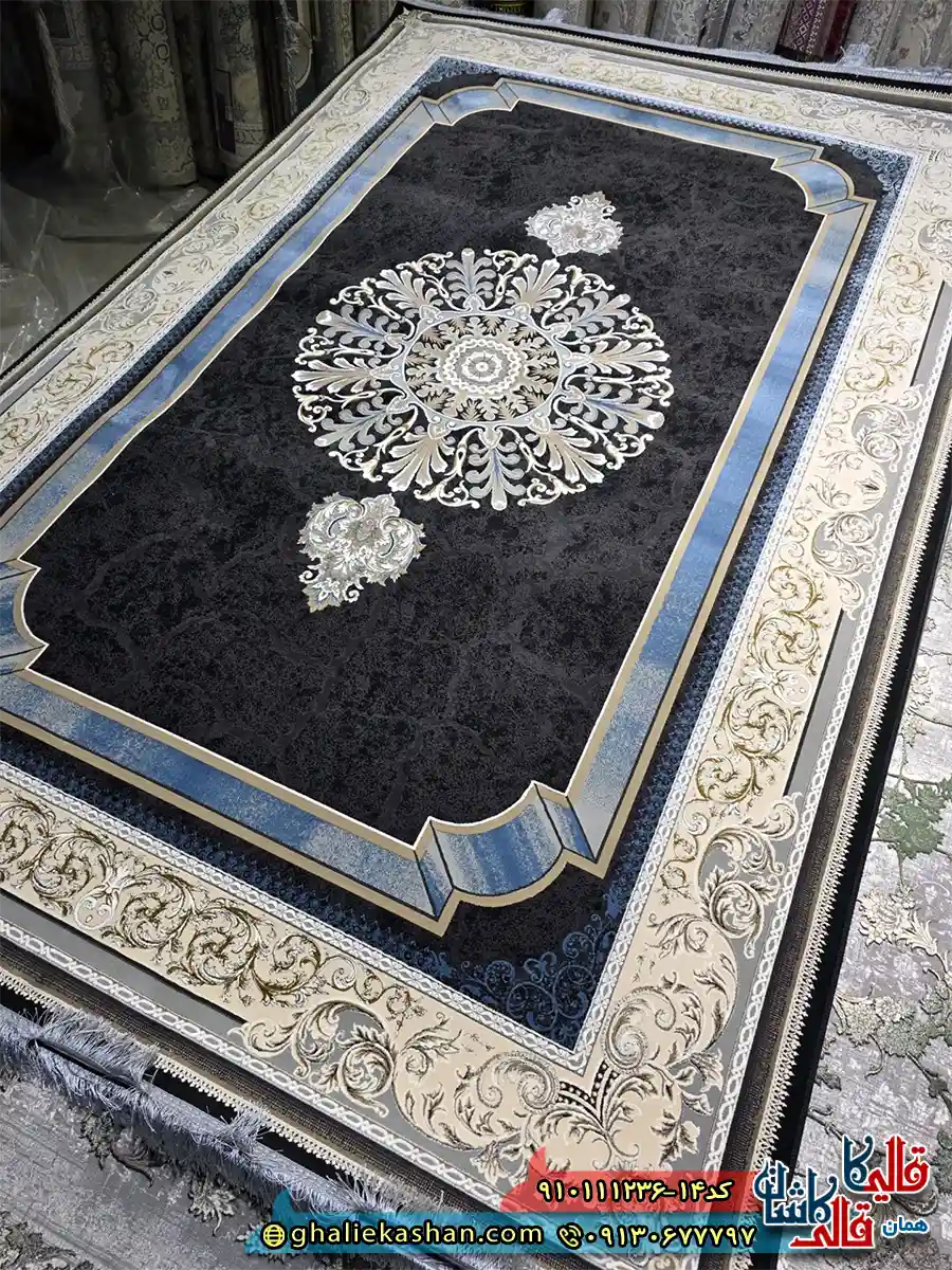 فرش طلاکوب 1200 شانه طرح خلیجی رنگ طوسی دودی گل برجسته کاشان اصلی