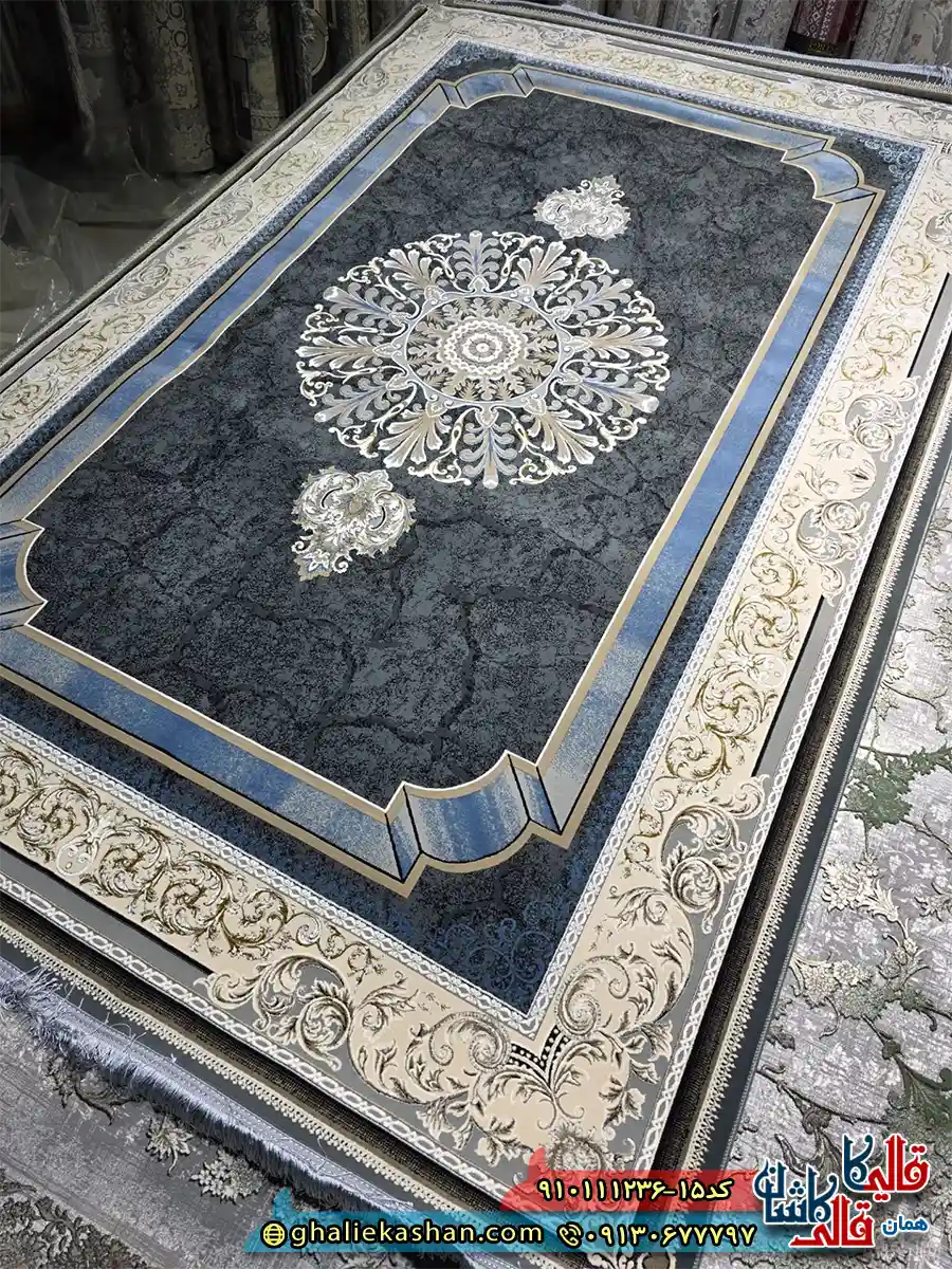 فرش طلاکوب 1200 شانه طرح خلیجی رنگ طوسی نقره ای گل برجسته کاشان اصلی فرش طلاکوب 1200 شانه طرح خلیجی رنگ طوسی نقره ای گل برجسته کاشان اصلی