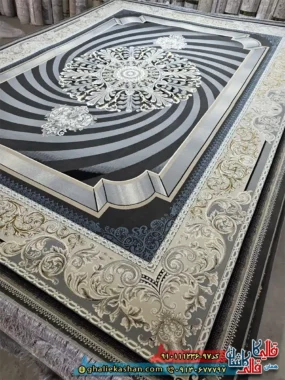 فرش طلاکوب 1200 شانه طرح خلیجی گردون رنگ طوسی دودی گل برجسته کاشان