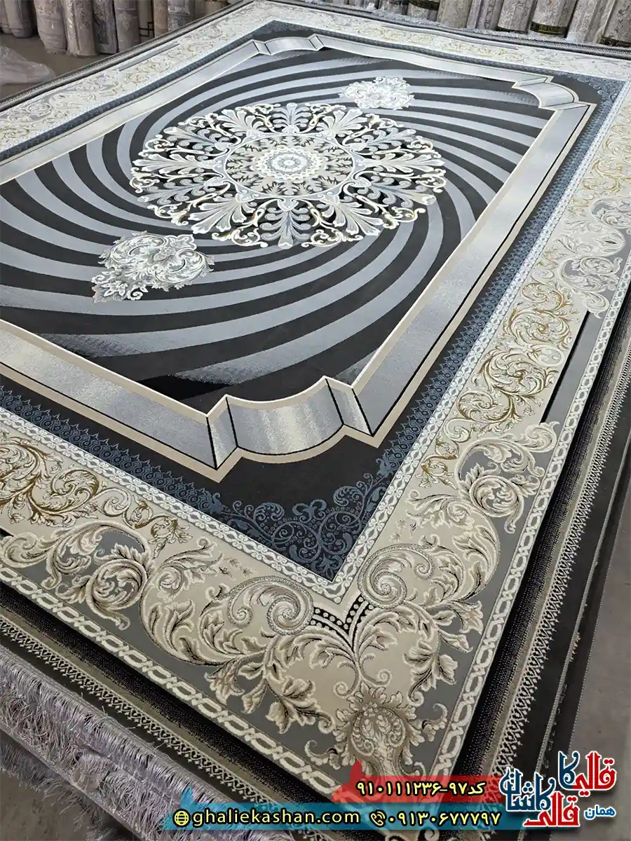 فرش طلاکوب 1200 شانه طرح خلیجی گردون رنگ طوسی دودی گل برجسته کاشان اصلی