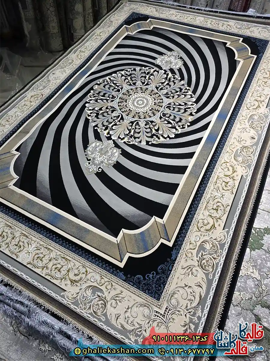 فرش طلاکوب 1200 شانه طرح خلیجی گردون رنگ مشکی سرمه ای گل برجسته کاشان اصلی فرش طلاکوب 1200 شانه طرح خلیجی گردون رنگ مشکی سرمه ای گل برجسته کاشان اصلی