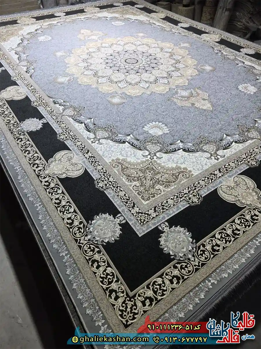 فرش طلاکوب 1200 شانه طرح سلطان رنگ طوسی نقره ای گل برجسته کاشان اصلی فرش طلاکوب 1200 شانه طرح سلطان رنگ طوسی نقره ای گل برجسته کاشان اصلی