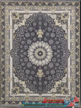 فرش ‌طلاکوب ‌1200 ‌شانه ‌طرح ‌عروس ‌رنگ ‌طوسی ‌دودی ‌گل ‌برجسته ‌کاشان ‌اصلی