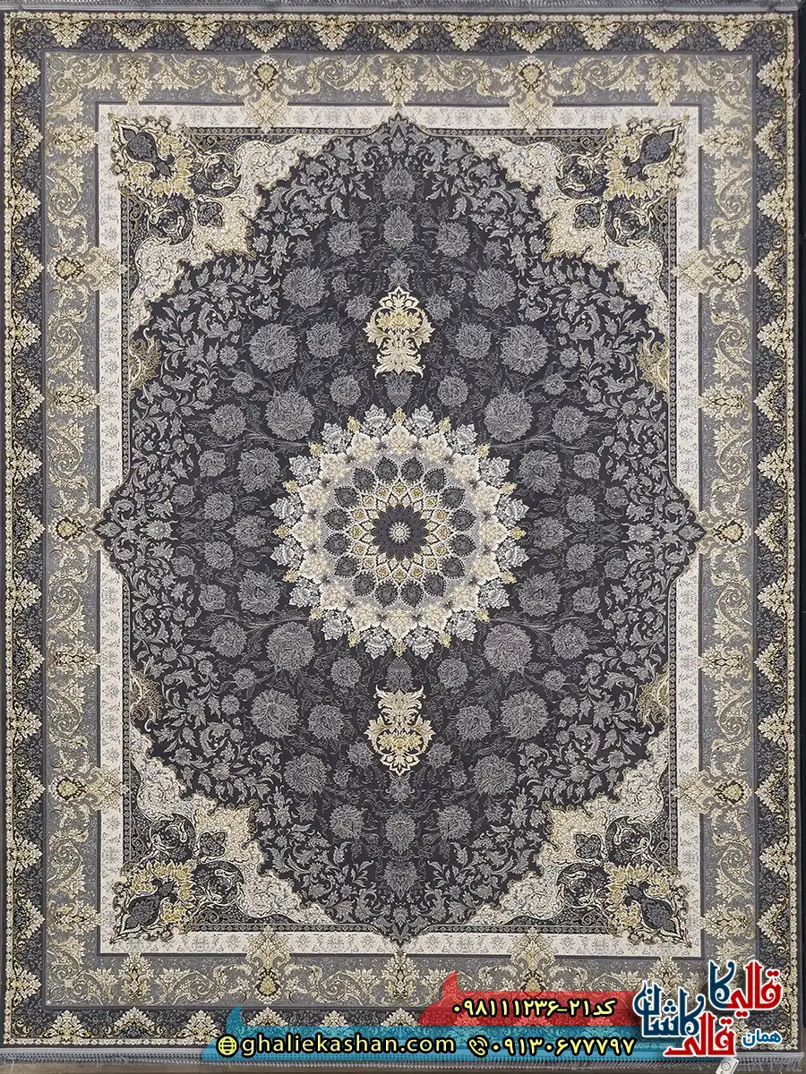 فرش ‌طلاکوب ‌1200 ‌شانه ‌طرح ‌عروس ‌رنگ ‌طوسی ‌دودی ‌گل ‌برجسته ‌کاشان ‌اصلی