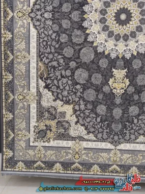 فرش ‌طلاکوب ‌1200 ‌شانه ‌طرح ‌عروس ‌رنگ ‌طوسی ‌دودی ‌گل ‌برجسته ‌کاشان ‌حاشیه