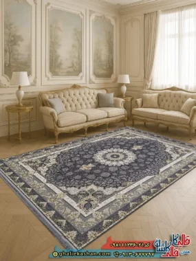 فرش ‌طلاکوب ‌1200 ‌شانه ‌طرح ‌عروس ‌رنگ ‌طوسی ‌دودی ‌گل ‌برجسته ‌کاشان