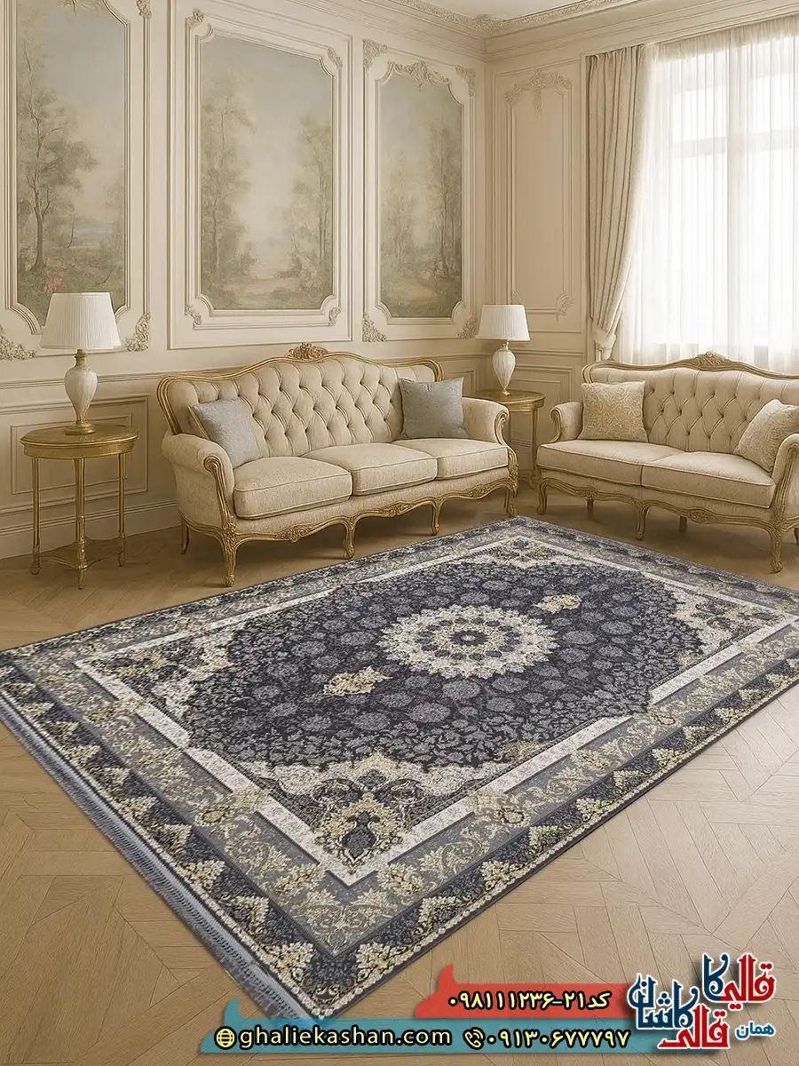 فرش ‌طلاکوب ‌1200 ‌شانه ‌طرح ‌عروس ‌رنگ ‌طوسی ‌دودی ‌گل ‌برجسته ‌کاشان ‌دکوراسیون