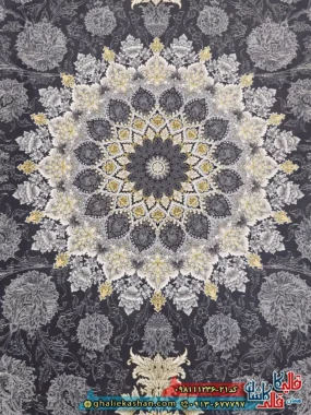 فرش ‌طلاکوب ‌1200 ‌شانه ‌طرح ‌عروس ‌رنگ ‌طوسی ‌دودی ‌گل ‌برجسته ‌کاشان ‌زمینه