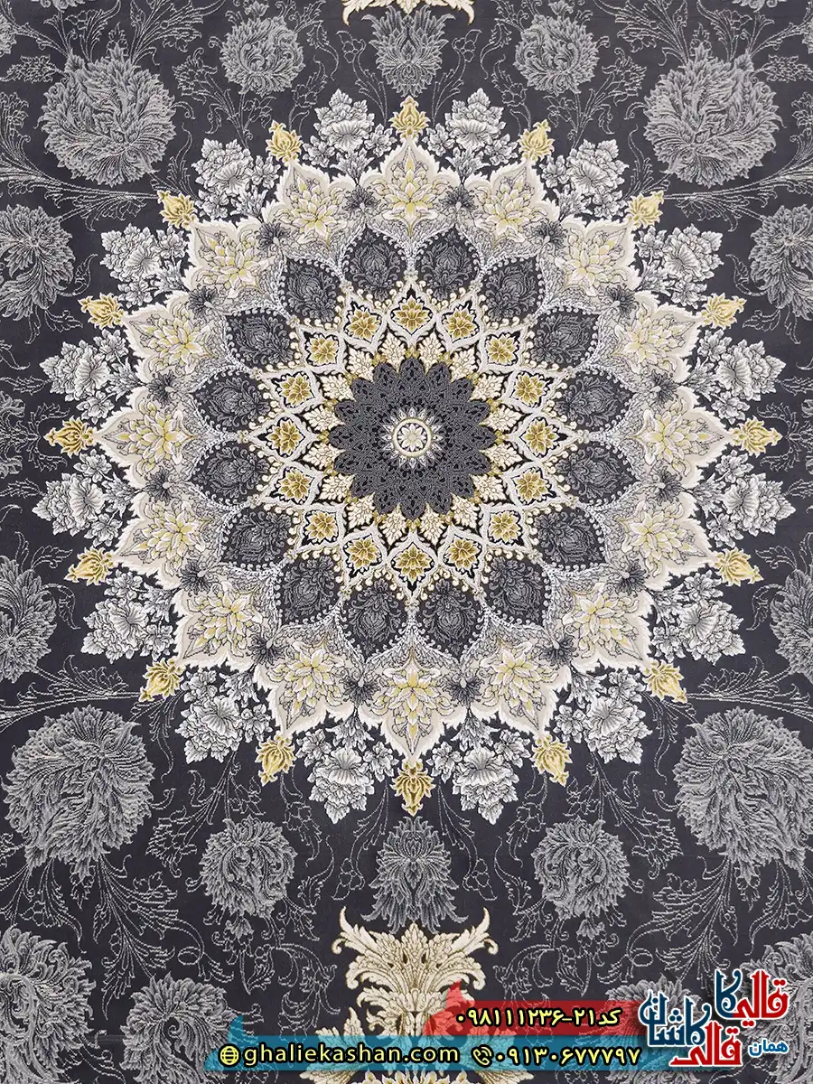 فرش ‌طلاکوب ‌1200 ‌شانه ‌طرح ‌عروس ‌رنگ ‌طوسی ‌دودی ‌گل ‌برجسته ‌کاشان ‌زمینه