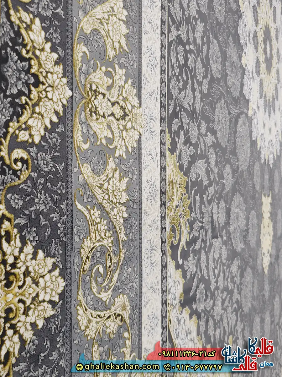 فرش ‌طلاکوب ‌1200 ‌شانه ‌طرح ‌عروس ‌رنگ ‌طوسی ‌دودی ‌گل ‌برجسته ‌کاشان ‌نزدیک