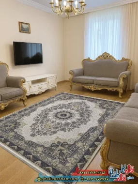 فرش ‌طلاکوب ‌1200 ‌شانه ‌طرح ‌عروس ‌رنگ ‌کرم ‌صدفی ‌گل ‌برجسته ‌کاشان