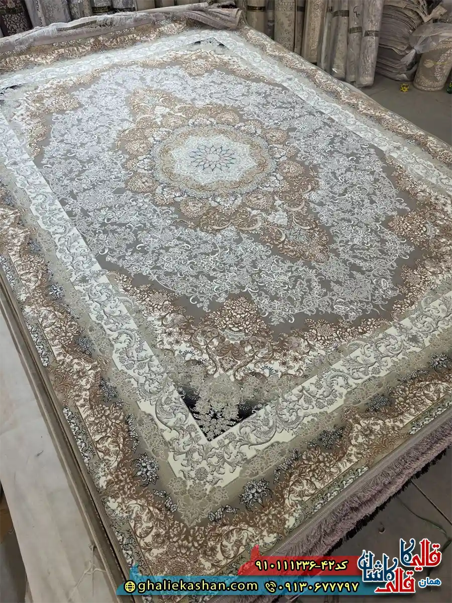فرش طلاکوب 1200 شانه طرح مهناز رنگ طوسی فیلی گل برجسته کاشان اصلی فرش طلاکوب 1200 شانه طرح مهناز رنگ طوسی فیلی گل برجسته کاشان اصلی