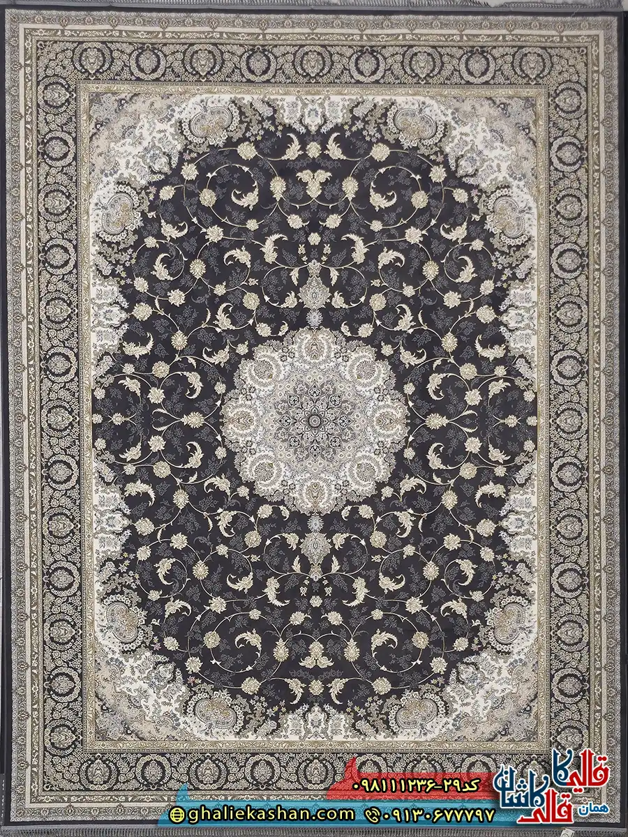 فرش طلاکوب 1200 شانه طرح نادیا رنگ طوسی دودی گل برجسته کاشان اصلی