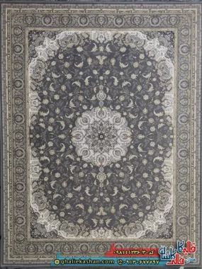 فرش طلاکوب 1200 شانه طرح نادیا رنگ طوسی نقره ای گل برجسته کاشان اصلی