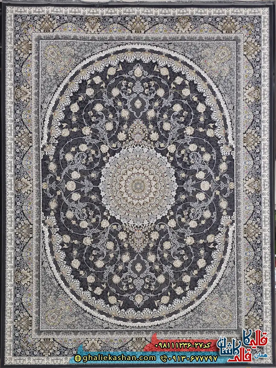 فرش طلاکوب 1200 شانه طرح هلیا رنگ طوسی دودی گل برجسته کاشان اصلی