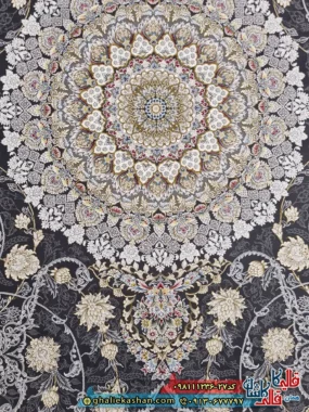 فرش طلاکوب 1200 شانه طرح هلیا رنگ طوسی دودی گل برجسته کاشان زمینه