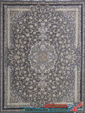 فرش طلاکوب 1200 شانه طرح کتایون رنگ طوسی نقره ای گل برجسته کاشان اصلی