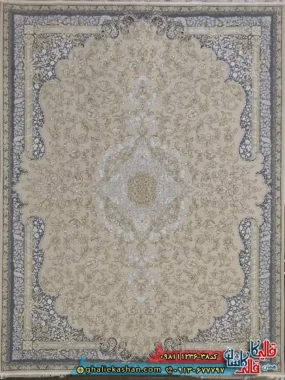 فرش طلاکوب 1200 شانه طرح کتایون رنگ کرم صدفی گل برجسته کاشان اصلی