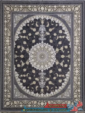 فرش طلاکوب 1200 شانه طرح گوناش رنگ طوسی دودی گل برجسته کاشان اصلی