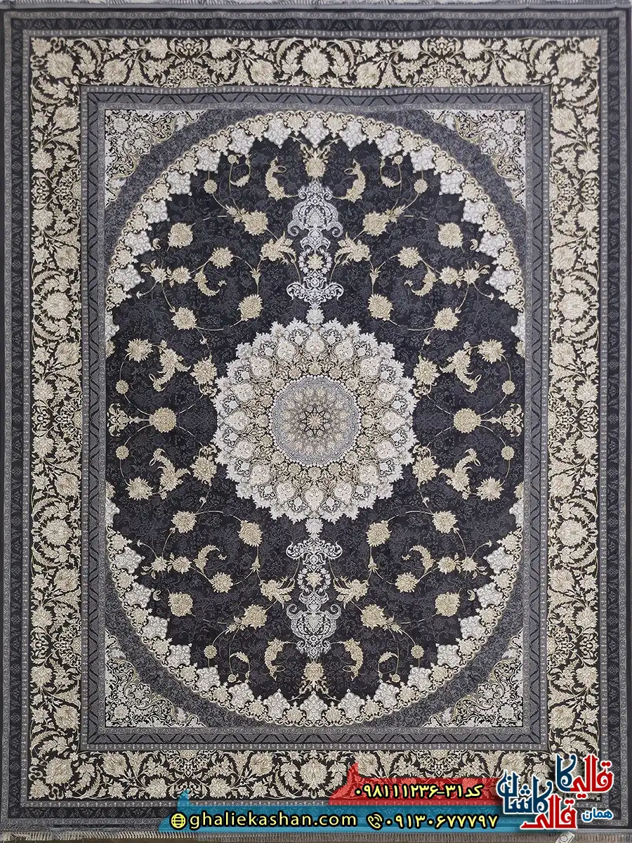 فرش طلاکوب 1200 شانه طرح گوناش رنگ طوسی دودی گل برجسته کاشان اصلی