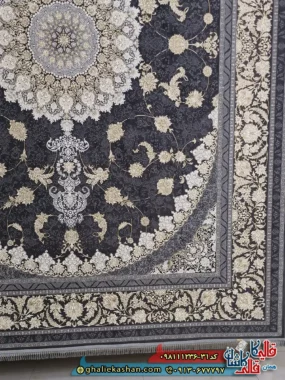 فرش طلاکوب 1200 شانه طرح گوناش رنگ طوسی دودی گل برجسته کاشان حاشیه