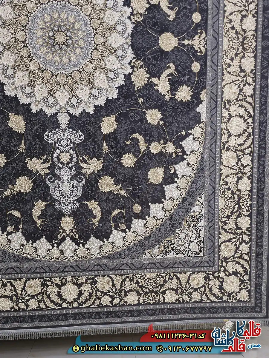 فرش طلاکوب 1200 شانه طرح گوناش رنگ طوسی دودی گل برجسته کاشان حاشیه