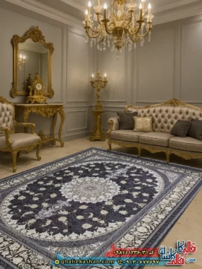 فرش طلاکوب 1200 شانه طرح گوناش رنگ طوسی دودی گل برجسته کاشان