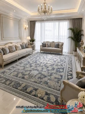 فرش طلاکوب 1200 شانه طرح افشان نگار رنگ طوسی نقره ای گل برجسته کاشان