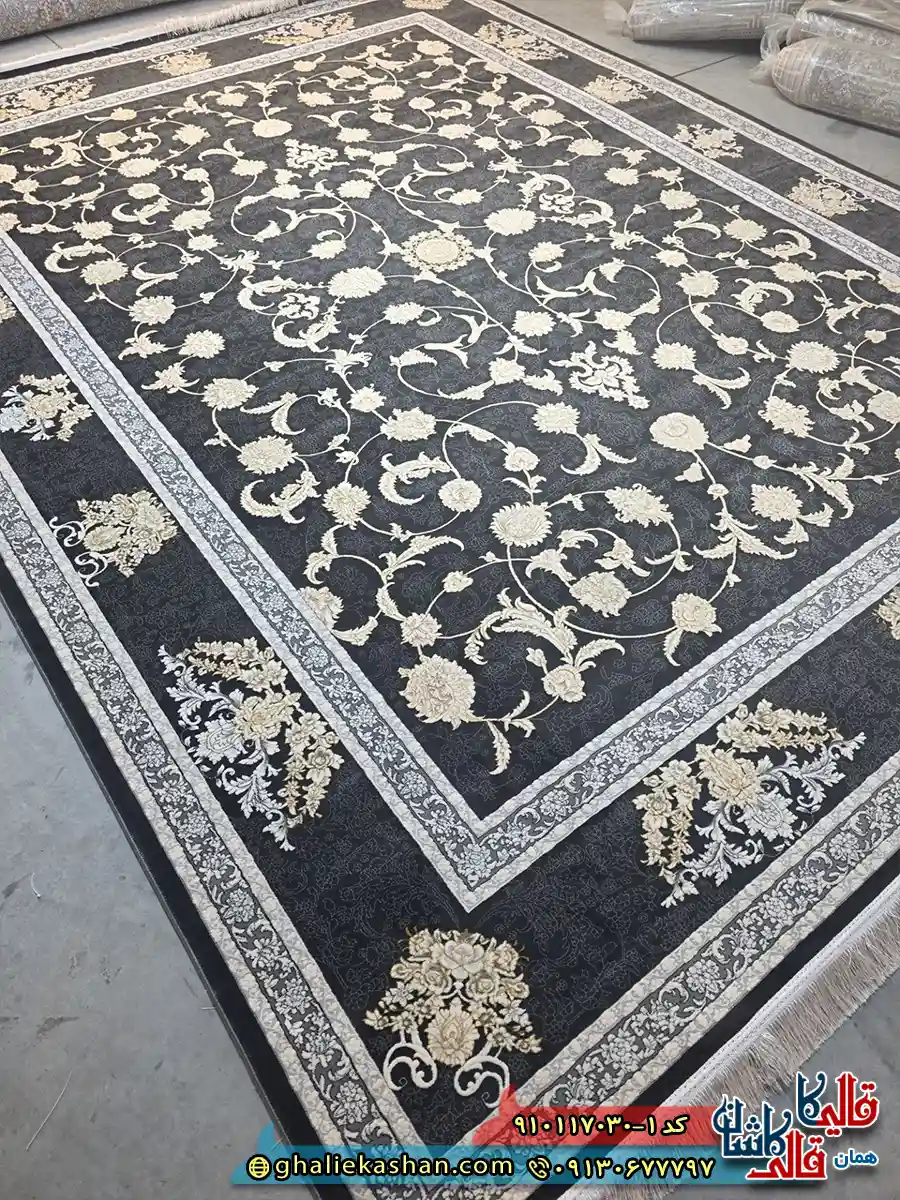 فرش طلاکوب 700 شانه طرح افشان توتیا رنگ مشکی زغالی گل برجسته کاشان اصلی فرش طلاکوب 700 شانه طرح افشان توتیا رنگ مشکی زغالی گل برجسته کاشان اصلی
