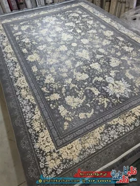 فرش ‌طلاکوب ‌700  شانه ‌طرح ‌افشان ‌جام ‌رنگ ‌طوسی ‌دودی ‌گل ‌برجسته ‌کاشان ‌