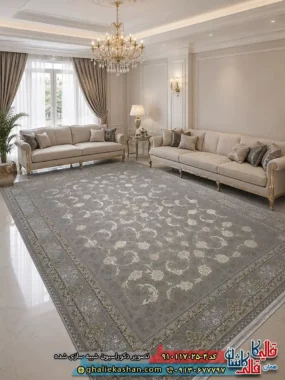 فرش ‌طلاکوب ‌700‌ شانه ‌طرح ‌افشان ‌صدف ‌رنگ ‌طوسی ‌نقره ‌ای ‌گل ‌برجسته ‌کاشان ‌