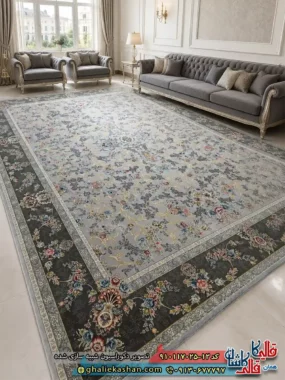 فرش ‌طلاکوب ‌700 شانه ‌طرح ‌افشان ‌یاسین ‌رنگ ‌طوسی ‌نقره ‌ای ‌گل ‌برجسته ‌کاشان ‌