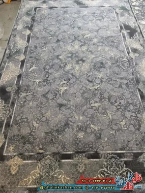 فرش طلاکوب وینتیج 1200 شانه طرح افشان لوتوس رنگ طوسی دودی کاشان