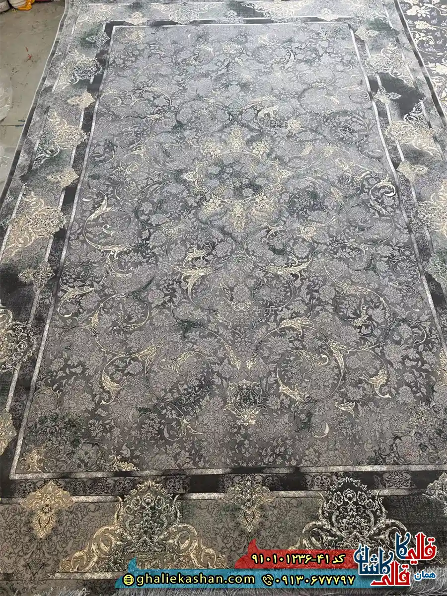 فرش طلاکوب وینتیج 1200 شانه طرح افشان لوتوس رنگ طوسی دودی کاشان اصلی