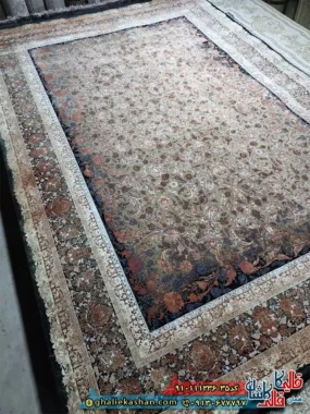 فرش وینتیج 1200 شانه طرح افشان زرین رنگ سرمه ای نسکافه ای گل برجسته کاشان