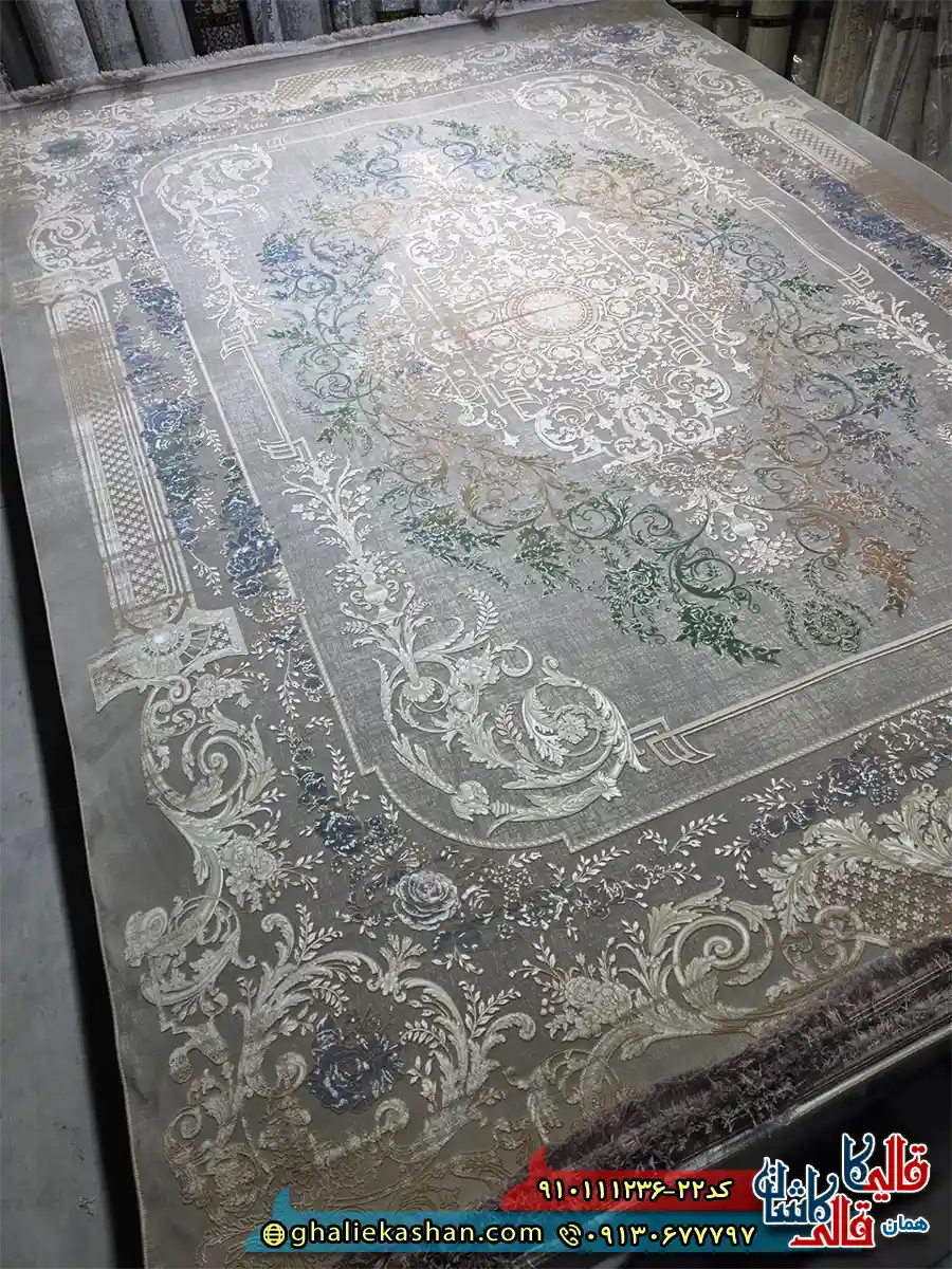 فرش وینتیج 1200 شانه طرح کاخ رنگ طوسی گل سبز آبی گل برجسته کاشان اصلی