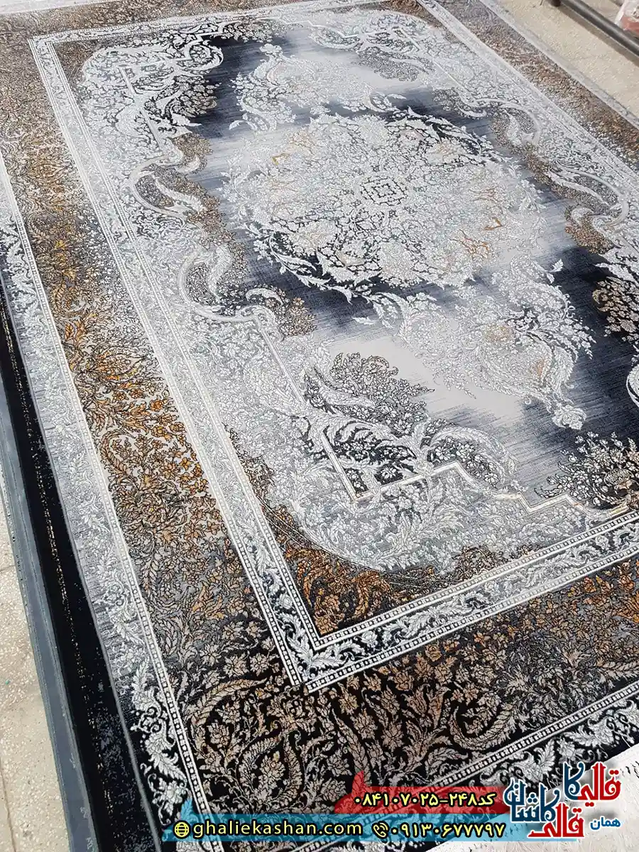 فرش وینتیج 700 شانه طرح تارا رنگ طوسی دودی کاشان زمینه