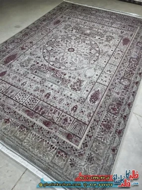 فرش وینتیج سنتی 1200 شانه خشتی طرح ترنجبین رنگ طوسی نقره ای قرمز کاشان
