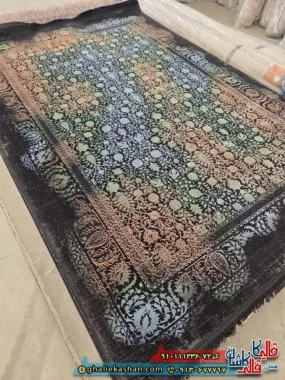 فرش وینتیج مدرن 1200 شانه طرح افشان سرو عباسی رنگ زغالی آبی زرد سبز گل برجسته کاشان اصلی