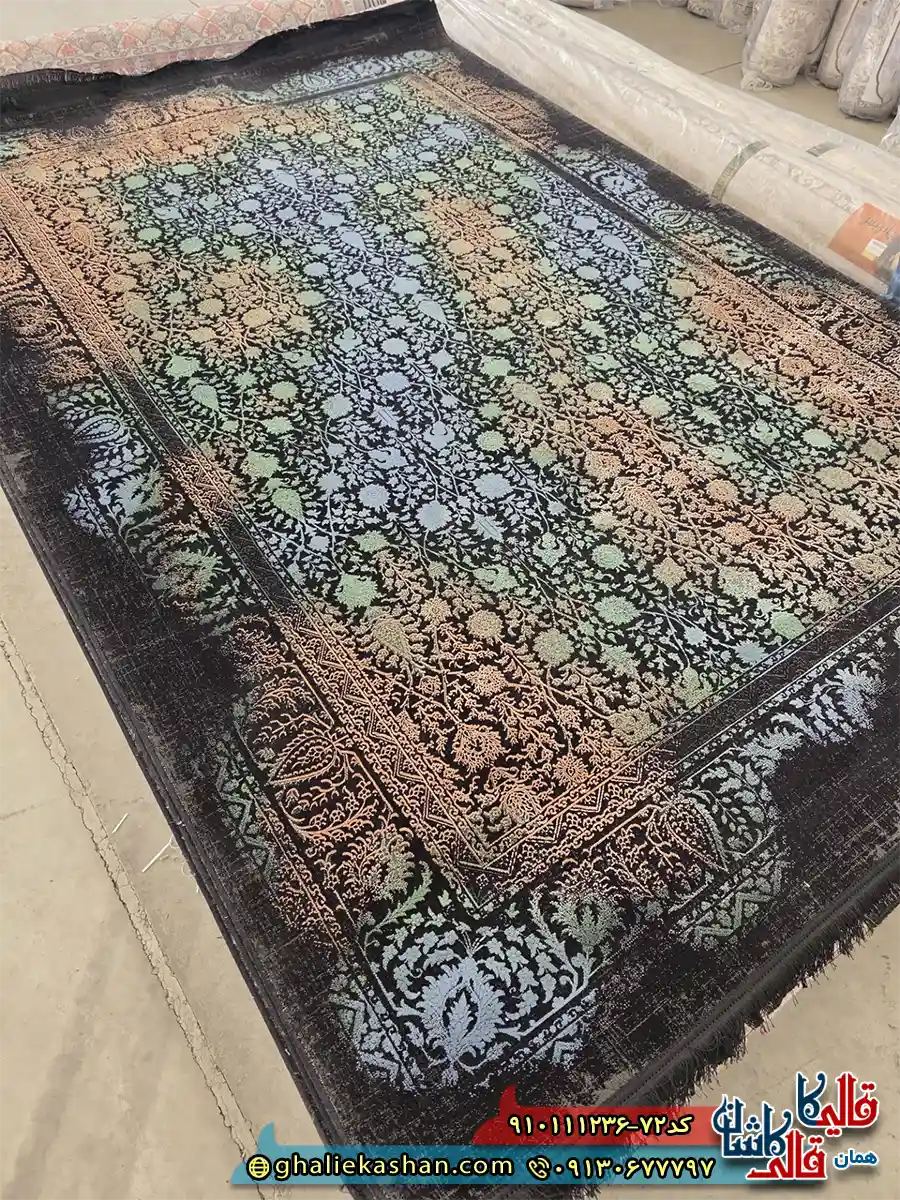 فرش وینتیج مدرن 1200 شانه طرح افشان سرو عباسی رنگ زغالی آبی زرد سبز 2 گل برجسته کاشان اصلی فرش وینتیج مدرن 1200 شانه طرح افشان سرو عباسی رنگ زغالی آبی زرد سبز 2 گل برجسته کاشان اصلی