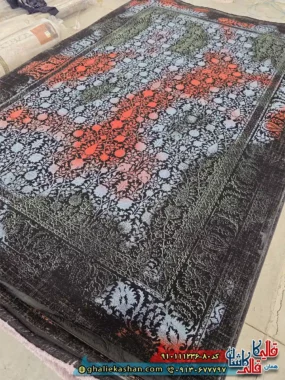 فرش وینتیج مدرن 1200 شانه طرح افشان سرو عباسی رنگ زغالی آبی سبز قرمز گل برجسته کاشان