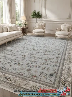 فرش کلاسیک 1200 شانه طرح افشان ایلیا رنگ طوسی فیلی کاشان